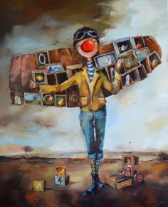 a painting of a person holding a bunch of things on his shoulders and wearing a clown nose