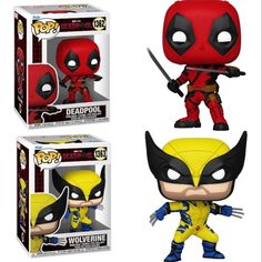 the deadpool pop vinyl figure is shown in three different colors and sizes, including wolverine