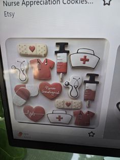 a computer screen with cookies on it and medical symbols in the middle, as well as an e - mail box