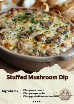 this is an advertisement for stuffed mushroom dip in a bowl with garlic bread on the side