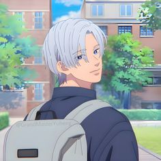 an anime character with white hair and blue eyes is standing in front of a building