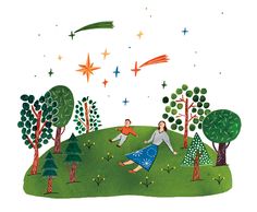 an illustration of two people playing in the grass with trees and stars above them on a hill