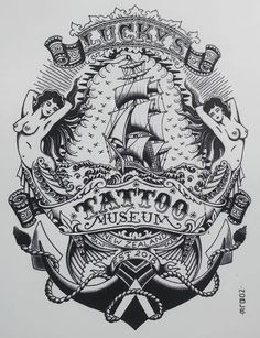 an ink drawing of a ship and some other things in the background with words on it