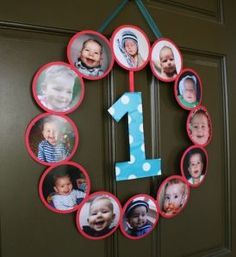 a wreath made out of pictures with the number one on it's front door