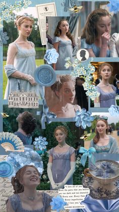 a collage of photos with women in blue dresses and flowers on the bottom right hand corner