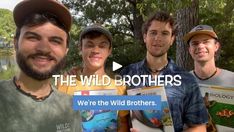 the wild brothers are posing for a photo in front of some trees and water with their book