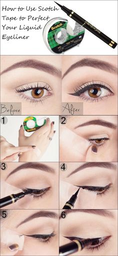 How to Use Scotch Tape to Perfect Your Liquid Eyeliner.  Eyeliner Tips And Tricks For Beginners.  Looking For Great Gel, Liquid, Winged, Or Pencil Techniques?  We Have Products For Achieving A Natural Look And Some Sweet Tips For Techniques For Glasses.  All Women Must Learn How To Do Step By Step Natural Eyeliner For Bottom And Top Lids. Maquillage Pin Up, Liquid Eyeliner Tutorial, Eyeliner Tips, 15 Makeup, Natural Eyeliner, Blanco White, Eyeliner For Beginners, Perfect Eyeliner