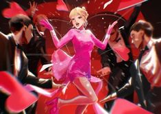 a woman in a pink dress is dancing with other people behind her on a red and black background