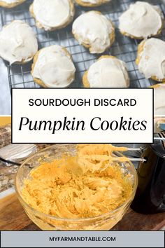 pumpkin cookies on a cooling rack with the words sourdough discard pumpkin cookies