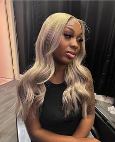 Ash Blonde Middle Part Black Women, Ash Blonde Wig Hairstyles, Ash Blonde Dark Skin, Ash Blonde On Dark Skin Black Women, Blonde Hair On Dark Skin, Hair Tease, Dark Skin Blonde Hair, Ash Blonde Wig, Hair Aesthetics