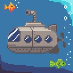 a pixelated image of a space ship floating in the water with a fish nearby