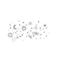 an image of the space with stars and planets flying through the sky in black and white