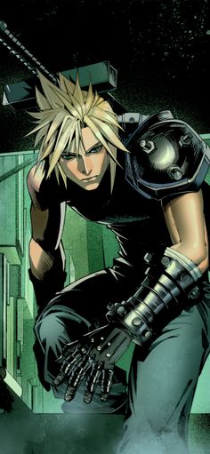 an anime character with blonde hair and black gloves, holding his hands on the ground