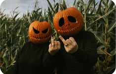 two people wearing pumpkin heads standing in a corn field with their fingers up to the camera