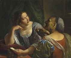 a painting of a woman looking at an old man