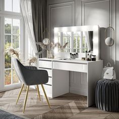 a white dressing table with mirror and stool in front of large open window overlooking trees