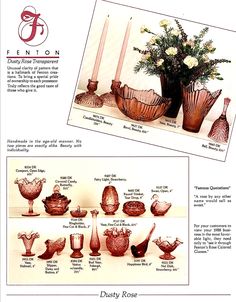 an advertisement for glass vases with flowers in them and other items on the table