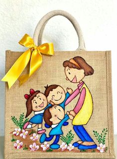 a hand painted bag with a family on it