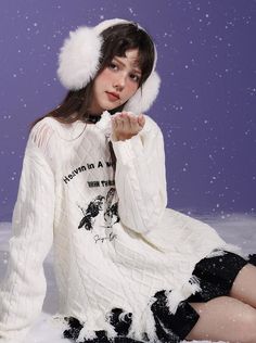 ❤Sweet Cool Milk White Angel Print Damaged Knit❤ White Soft Knit Winter Sweater, White Acrylic Sweater For Winter, White Knitted Winter Sweater, White Knitted Acrylic Sweater, Casual White Winter Sweater, White Long Sleeve Acrylic Top, White Acrylic Top For Winter, White Cozy Soft Knit Sweater, Cozy White Soft Knit Sweater