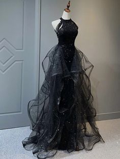 A-Line Prom Black Dress Vintage Dress Wedding Party Birthday Sweep / Brush Train Sleeveless Halter Neck Wednesday Addams Family Sequined with Crystals Sequin Ruffles 2023 2023 - US $155.99 Prom Dresses Sparkle, Black Tulle Prom Dress, Dresses Sparkle, डिजाइनर कपड़े, Shine Dress, Robes Glamour, Plus Size Vintage Dresses, Dress Wedding Party, Black Evening Gown