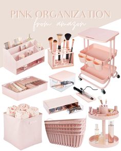 the pink organization is organized with makeup and cosmetics