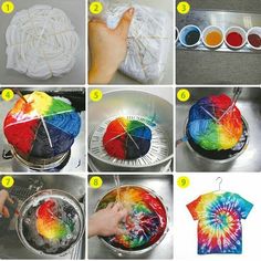 the instructions for how to tie - dyed t - shirts are shown in multiple pictures