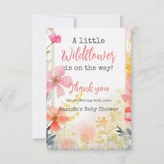 a little wildflower is on the way thank you card with pink and yellow flowers