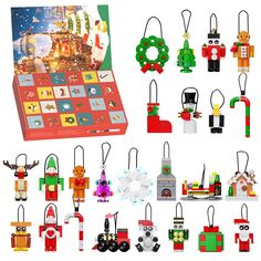 lego christmas ornaments are displayed on a white background