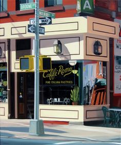 a painting of a coffee shop on the corner of a street in front of a building