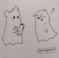 a drawing of two ghost faces with one holding a bird and the other looking at it