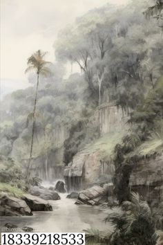 a painting of a waterfall with trees and rocks