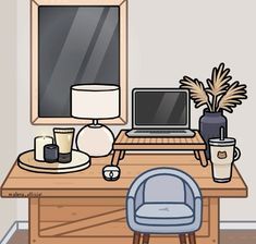 a laptop computer sitting on top of a wooden desk next to a chair and potted plant