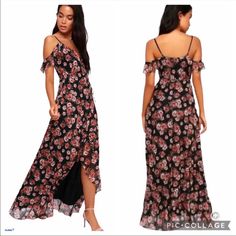 Lulu’s Adalynn Black Floral Off-The-Shoulder Wrap Black Maxi Dress - Brand New! Nwt Exclusive! A Little Moody, A Little Romantic, Adalynn Black Floral Print Off-The-Shoulder Wrap Maxi Dress Is Giving Us All The Feels! Gauzy Fabric, With An Unique Soft Texture, And A Pink And Green Floral Print, Shapes This Stunning Maxi. A Wrap Bodice, With Off-The-Shoulder Straps, Secures Via Waist Tie And Internal Tie. A Cascading Maxi Skirt Has A Ruffled High-Low Hemline. Adjustable Spaghetti Straps. Pink Off-shoulder Maxi Dress For Night Out, Black Off-shoulder Maxi Dress With Floral Print, Lulus Bridesmaid Dresses, Burgundy Satin Dress, Convertible Maxi Dress, Blue Satin Dress, White Lace Maxi Dress, Floral Wrap Maxi Dress, White Lace Maxi