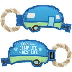 two blue and green dog toys with rope on the ends, one is shaped like a camper