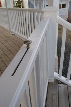 a close up of a door handle on a white railing