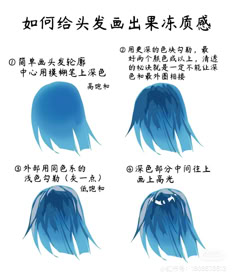 four different types of blue hair with chinese characters in the bottom right corner and below