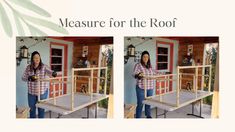 a woman standing in front of a door holding a drill and screwdriver with the words measure for the roof above her