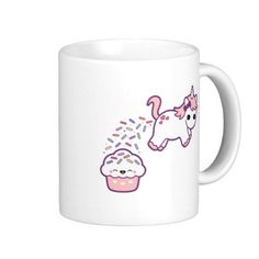 a white coffee mug with an image of a cupcake and a unicorn blowing sprinkles