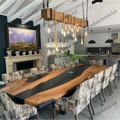 a large wooden table surrounded by chairs in a room with a fireplace and painting on the wall