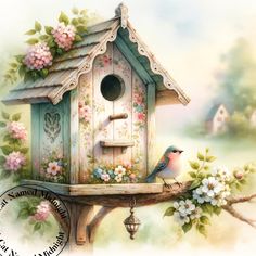 a painting of a bird house with flowers on it