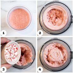 four pictures showing how to make pink cake in a blender, including the process steps