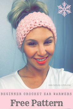 a woman wearing a pink crochet ear warmer with text overlay that reads, beginner crochet ear warmers free pattern