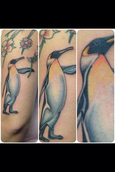 three different pictures of penguins with flowers on their arms and legs, one in the process of being inked