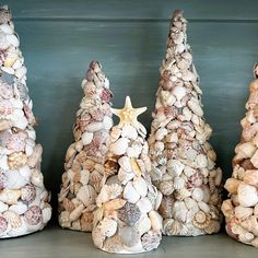 three small christmas trees made out of seashells and starfish on a shelf