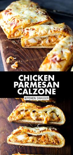 chicken parmesan calzonee is cut into slices and placed on a cutting board