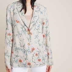 Brand New With Tags. Size Medium Sally Embroidered Blazer By Harlyn For Anthropologie. Lightweight Blazer Perfect For Summer! Background Of Narrow Tan And White Stripes With A Embroidered Floral Pattern On Top In Green, Blue, Orange, And Cream Colors. Collared With V-Neck And Two Button Front Closure And Two Patch Pockets. Fully Lined In A Cream Color Silky Fabric. Back Vent At Hemline. Full Length Sleeves. Slightly Oversized Fit For A Relaxed Silhouette. Decorative Metal Harlyn Tag At The Back Of Neck. 100% Rayon. Dry Clean. Approximate Measurements: Length = 28" Pit To Pit = 19.5" Across Waist = 19" Across Hip = 21.5" Across Casual Embroidered Blazer For Spring, Spring Casual Embroidered Blazer, Fitted Floral Embroidery Blazer For Spring, Casual Spring Embroidered Blazer, Long Sleeve Blazer With Floral Embroidery For Spring, Spring Embroidered Blazer, Spring Long Sleeve Blazer With Floral Embroidery, Cream Long Sleeve Outerwear With Floral Embroidery, Embroidered Cotton Long Sleeve Blazer