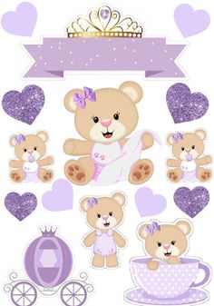 a set of teddy bears with hearts and a carriage