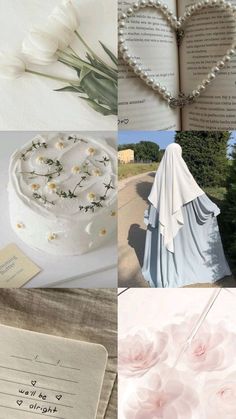 the collage has pictures of flowers, books and wedding rings on it's pages