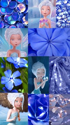 some blue flowers and other things that are in different pictures with the same color scheme