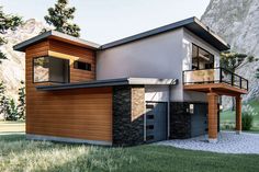 this is a computer rendering of a modern style house in the mountains with wood and stone accents